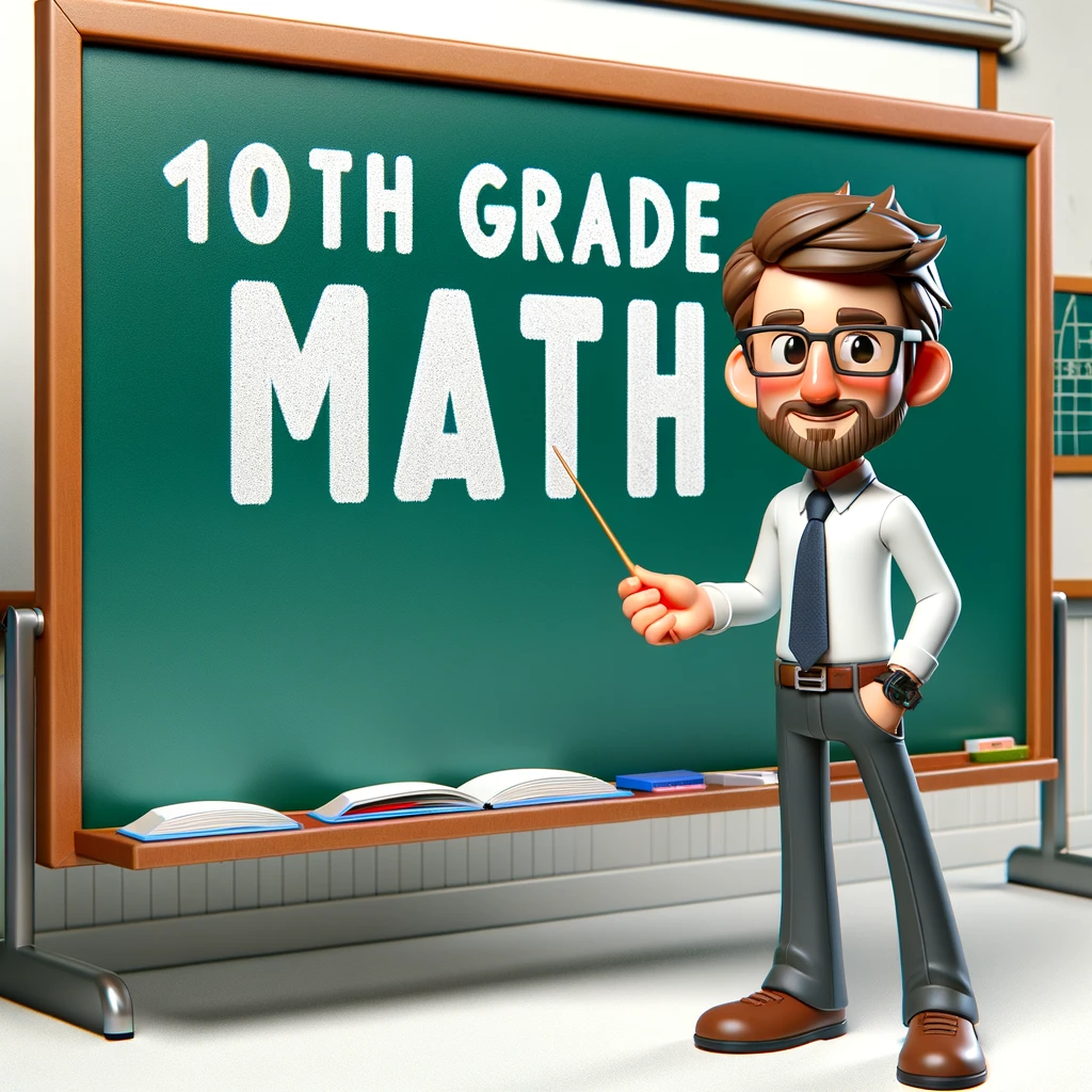 DALL·E 2024-02-01 23.36.33 – A 3D cartoon character of a teacher standing in front of a classroom blackboard displaying the title ’10th Grade Math’. The teacher should be depicted