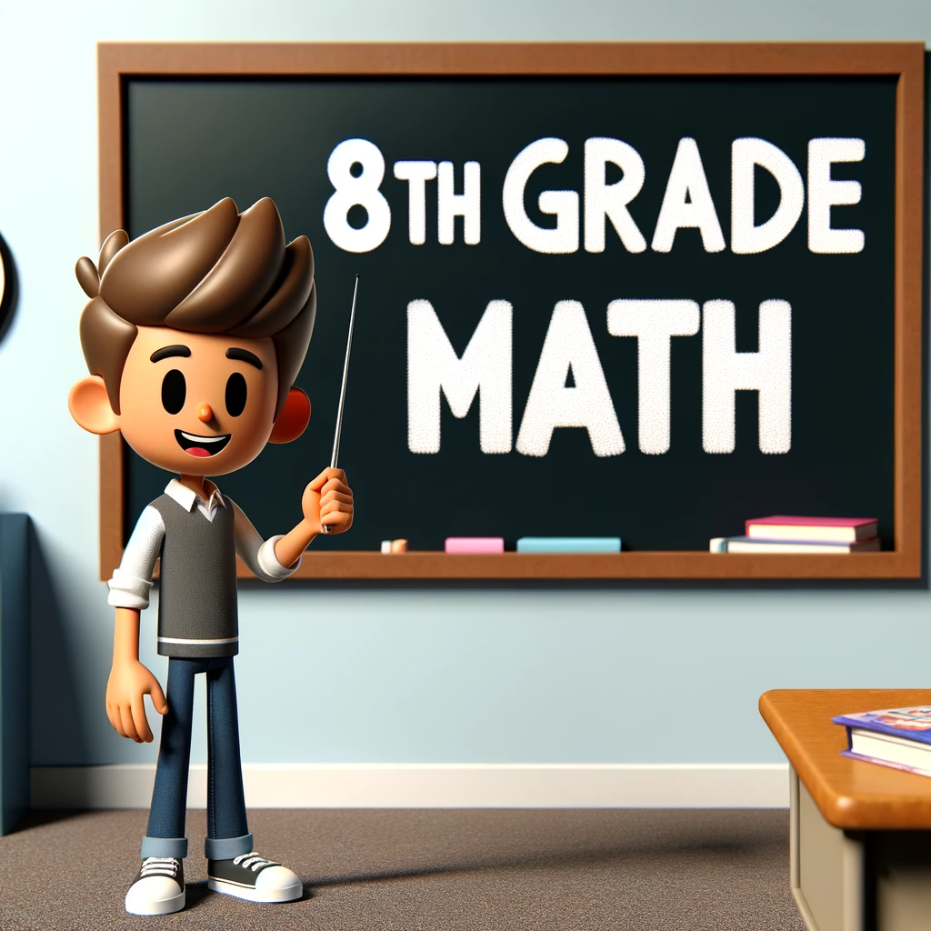 DALL·E 2024-02-01 23.27.41 – A 3D cartoon character of a young student standing in front of a classroom blackboard displaying the title ‘8th Grade Math’. The student should be liv