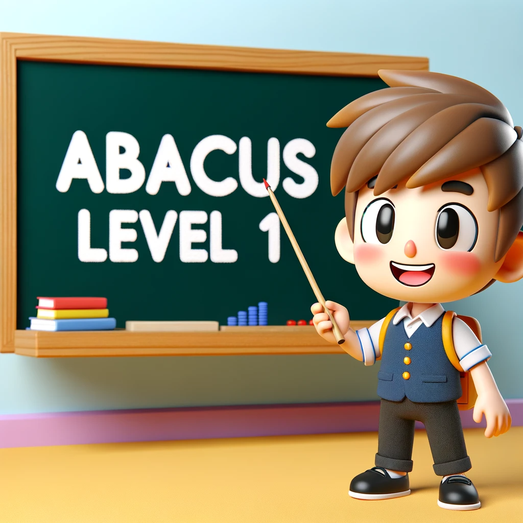 DALL·E 2024-01-31 22.42.23 – A 3D cartoon character of a young student standing in front of a classroom blackboard displaying the title ‘Abacus Level 1’. The character should be l