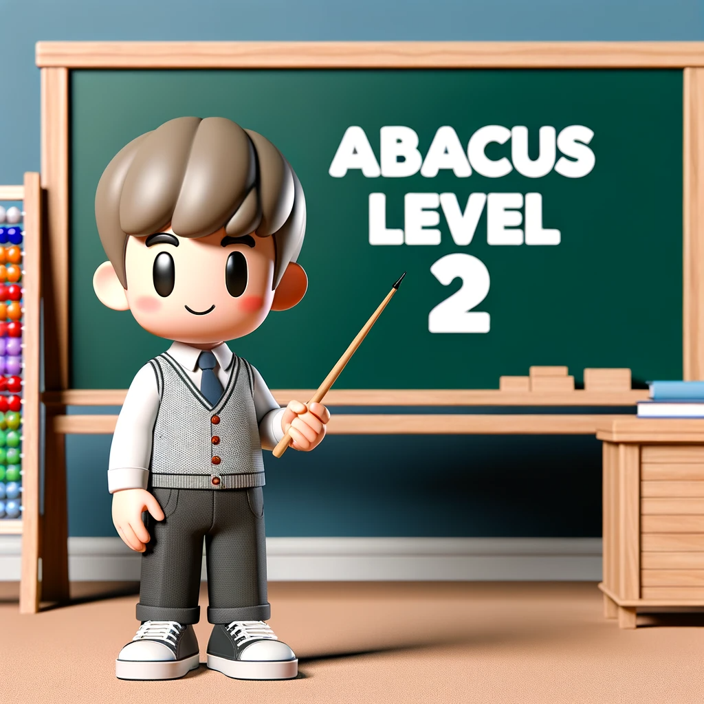 DALL·E 2024-01-31 22.43.17 – A 3D cartoon character of a student standing in front of a classroom blackboard displaying the title ‘Abacus Level 2’. The character should be attenti