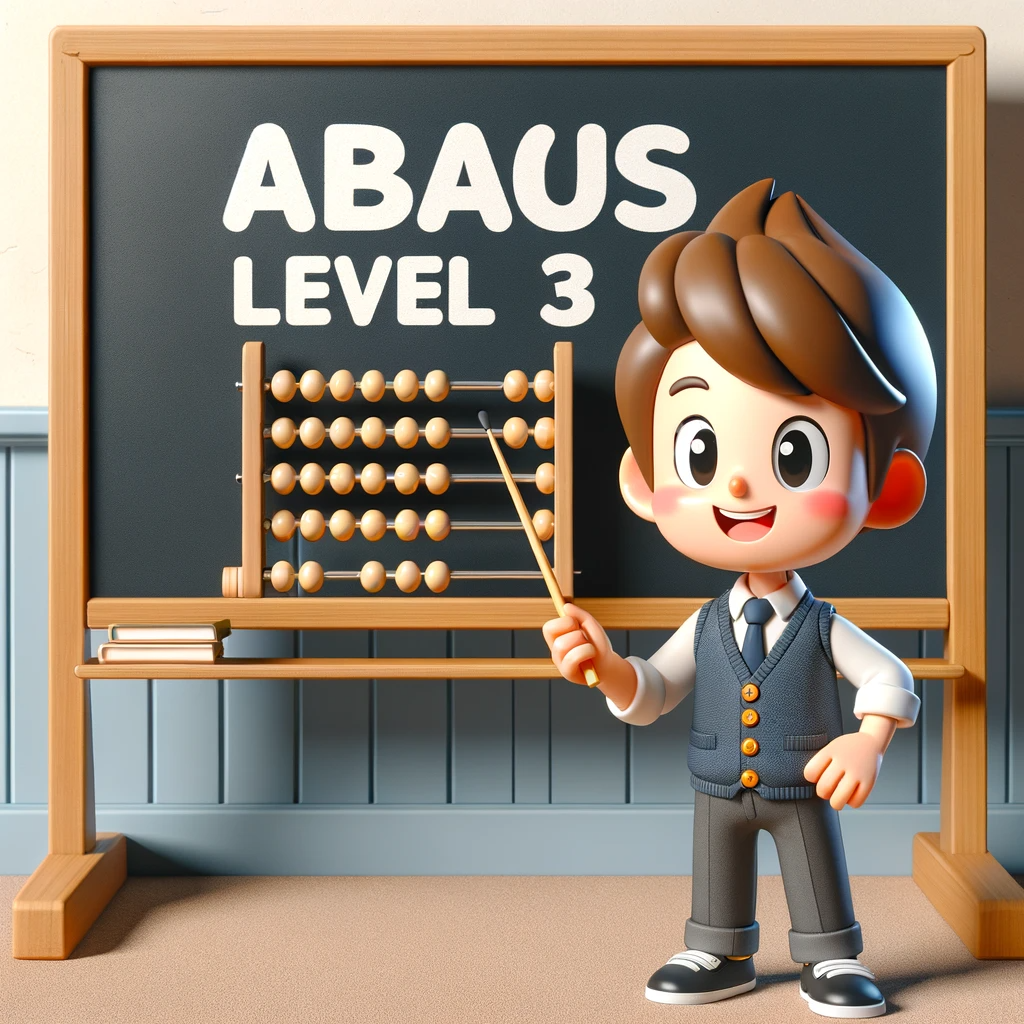 DALL·E 2024-01-31 22.45.53 – A 3D cartoon character of a child standing in front of a classroom blackboard displaying the title ‘Abacus Level 3’. The child should be enthusiastic