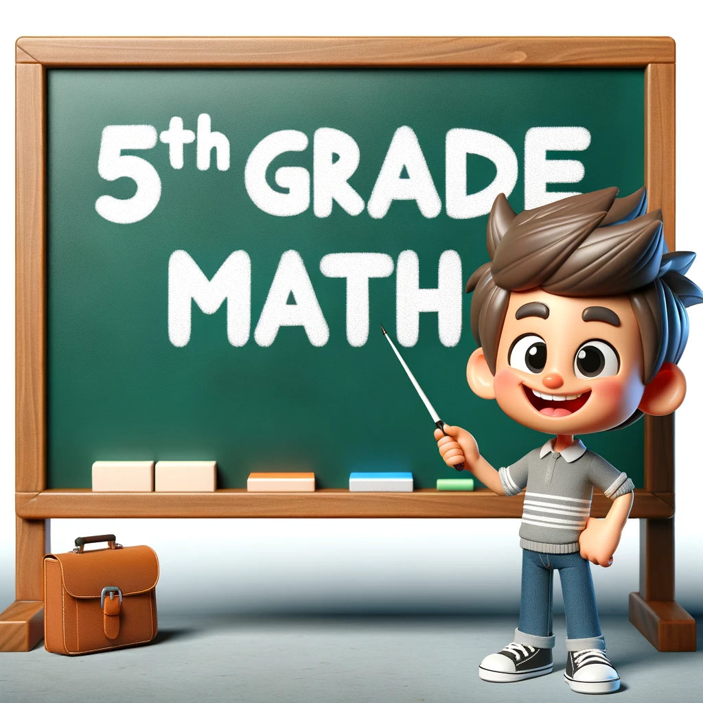 DALL·E 2024-02-01 23.20.28 – A 3D cartoon character of a kid standing in front of a classroom blackboard displaying the title ‘5th Grade Math’. The kid should be cheerful and anim