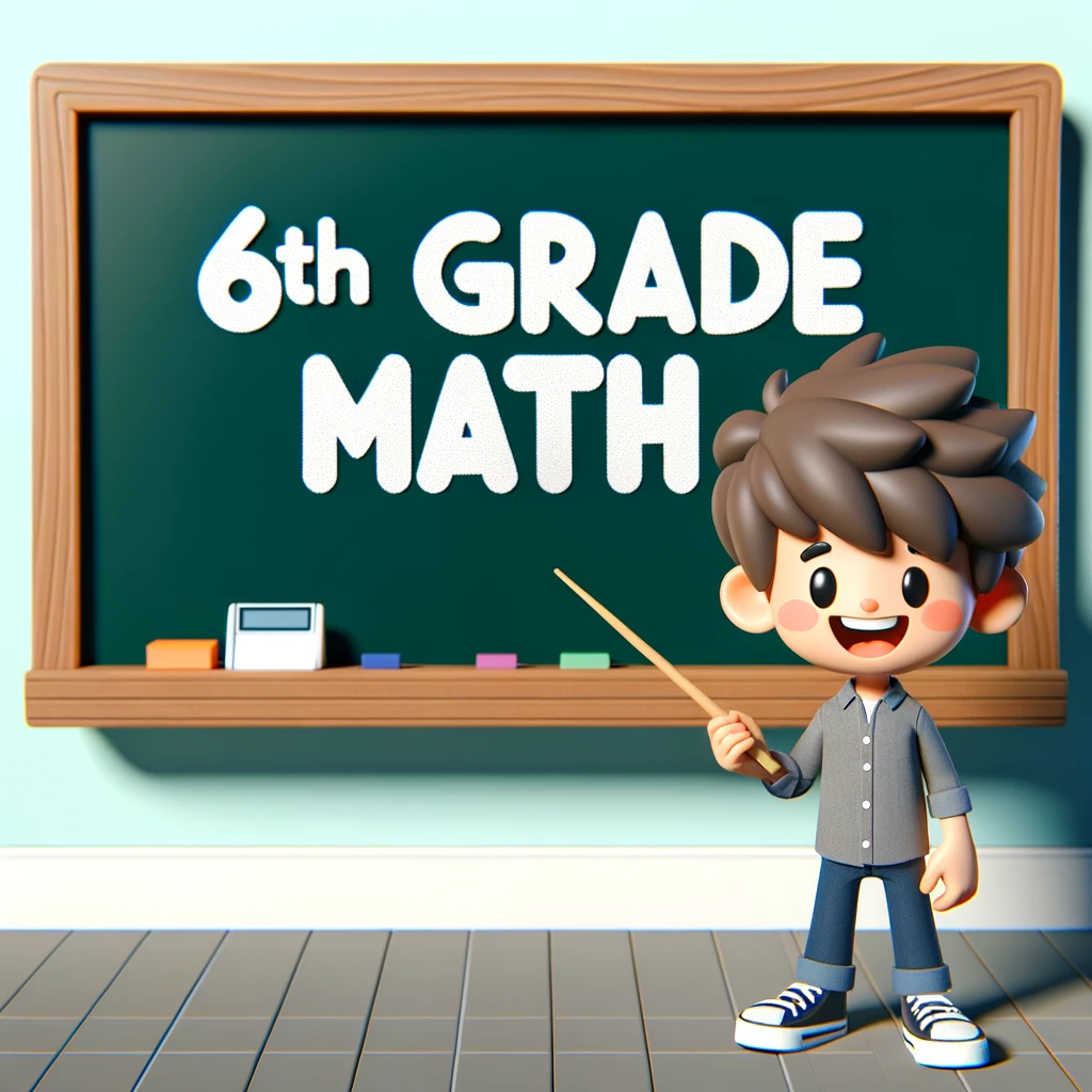 DALL·E 2024-02-01 23.22.29 – A 3D cartoon character of a kid standing in front of a classroom blackboard displaying the title ‘6th Grade Math’. The kid should be cheerful and anim