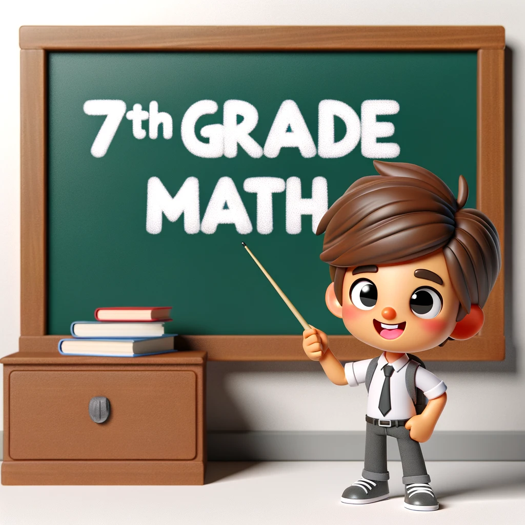 DALL·E 2024-02-01 23.26.08 – A 3D cartoon character of a kid standing in front of a classroom blackboard displaying the title ‘7th Grade Math’. The kid should be cheerful and anim