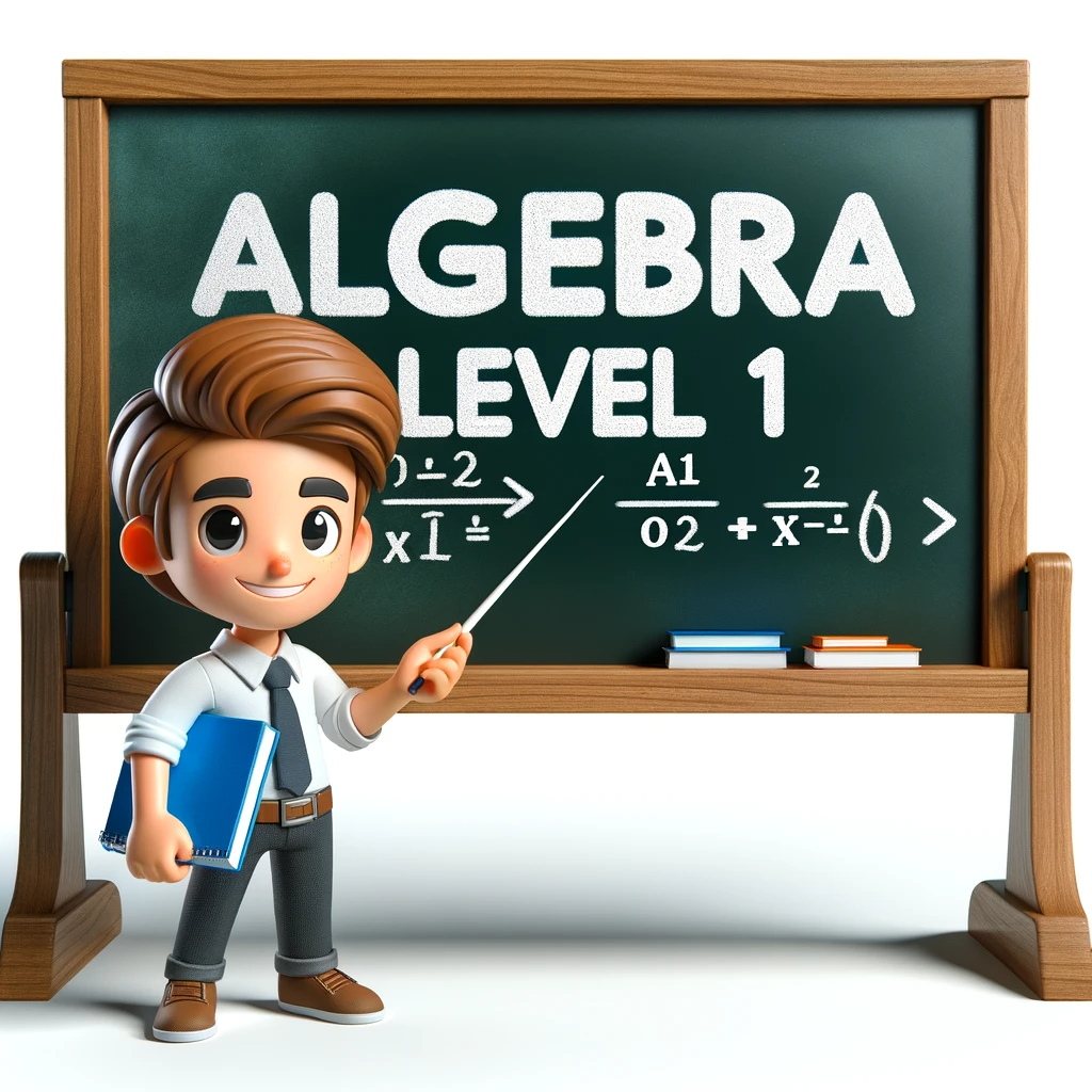 DALL·E 2024-01-31 22.39.04 – A 3D cartoon character of a student standing in front of a classroom blackboard displaying the title ‘Algebra Level 1’. The student should be enthusia