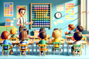 DALL·E 2024-01-28 20.20.58 – A 3D cartoon-style classroom scene with kids sitting at desks, learning how to use abacuses. The teacher, standing at the front, is pointing at a larg