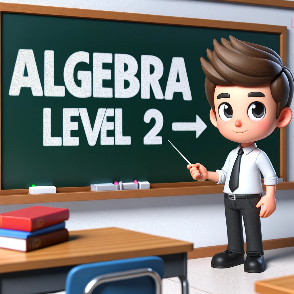 DALL·E 2024-01-31 22.40.22 – A 3D cartoon character of a student standing in front of a classroom blackboard displaying the title ‘Algebra Level 2’. The student should look intere